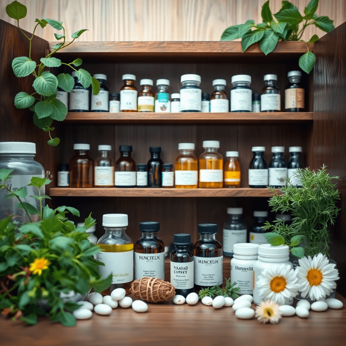 50+ Quotes for Homeopathy Doctor 4 A homeopathic medicine cabinet filled with small vials and natural remedies, surrounded by fresh herbs and plants, set in a calming, softly lit environment.