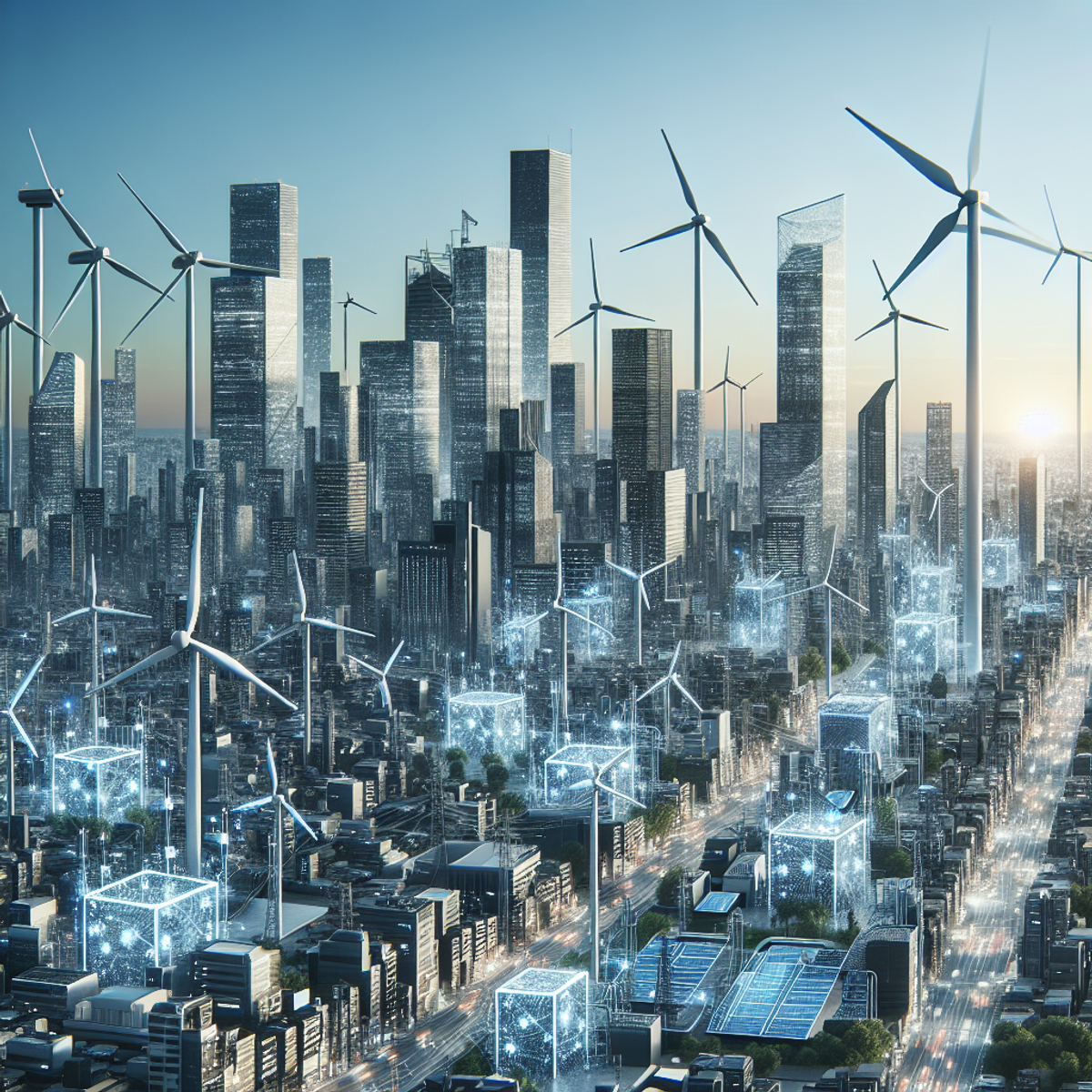 A futuristic cityscape with integrated wind turbines, solar panels, and energy storage facilities.