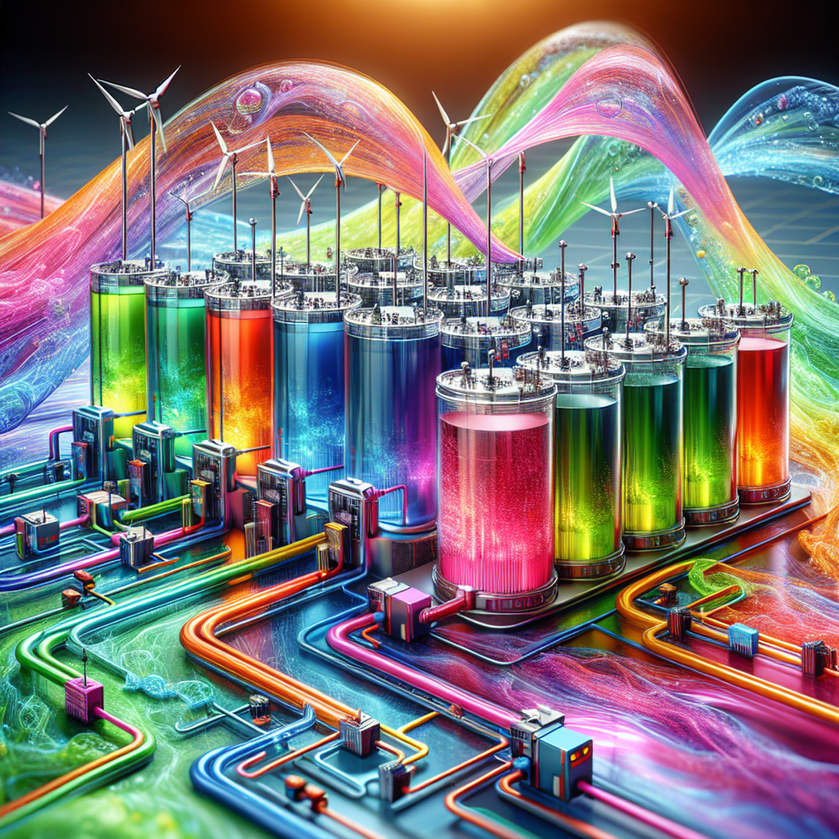 A swirling, multicolored network of interconnected storage tanks and cell stacks filled with flowing electrolyte liquid, representing the vibrant and dynamic concept of flow battery technology.