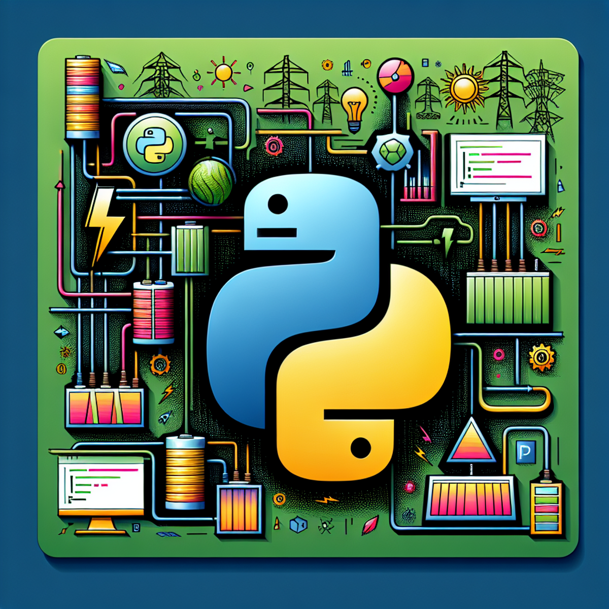 A colorful and eye-catching image depicting Python's role in energy data analytics for smart grid energy storage. The image shows power lines, diagrammatic representations of batteries, and a large python snake enveloping the elements, symbolizing the Python coding language.