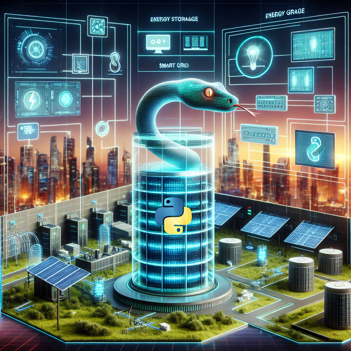 A futuristic smart grid energy storage system with snake-shaped cables and user-friendly interfaces.