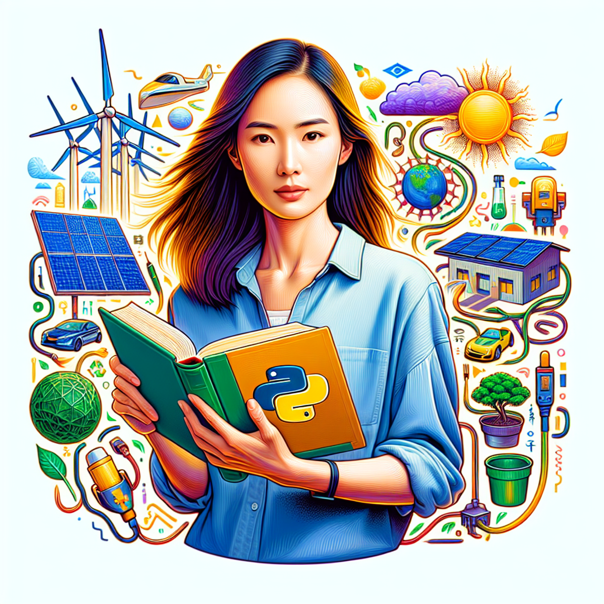 An East Asian woman with medium-length hair, dressed in casual attire, holding a book symbolizing Python programming, surrounded by colorful, energy-related symbols including wind turbines, solar panels, and electric vehicles.