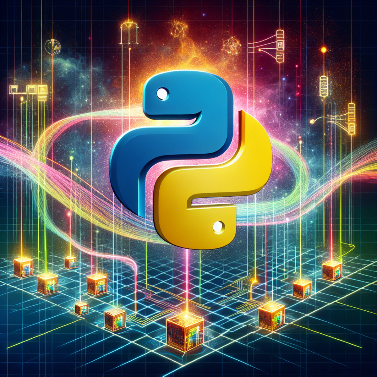 A colorful and intricate image representing energy storage technologies and Python-driven solutions. The image features a grid with interconnected nodes, vibrant lines symbolizing energy flow, and a prominent Python snake logo.