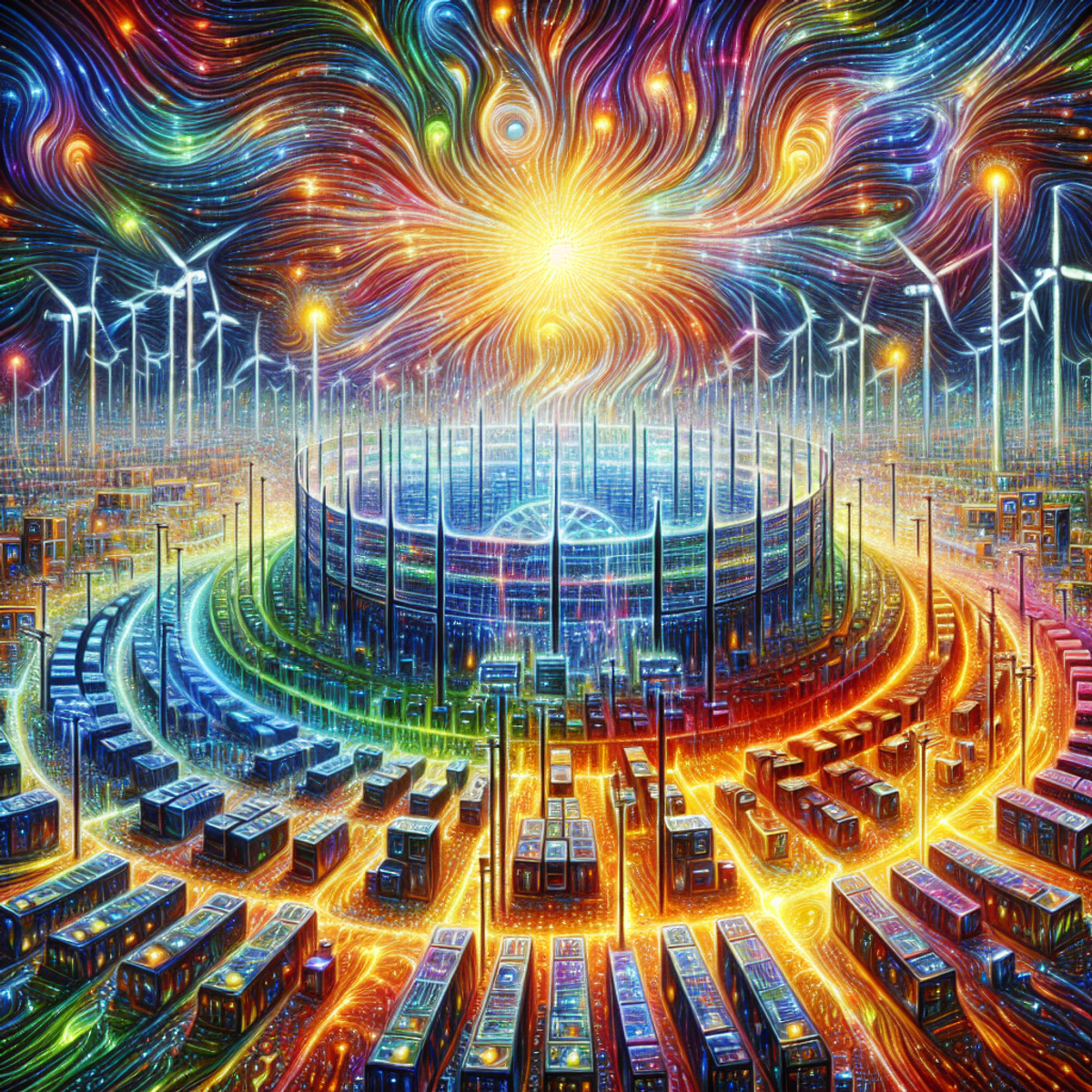 A network of vibrant, colorful lines representing data flows within a smart energy grid, surrounded by various energy storage units such as batteries, pumped storage, and thermal storage.