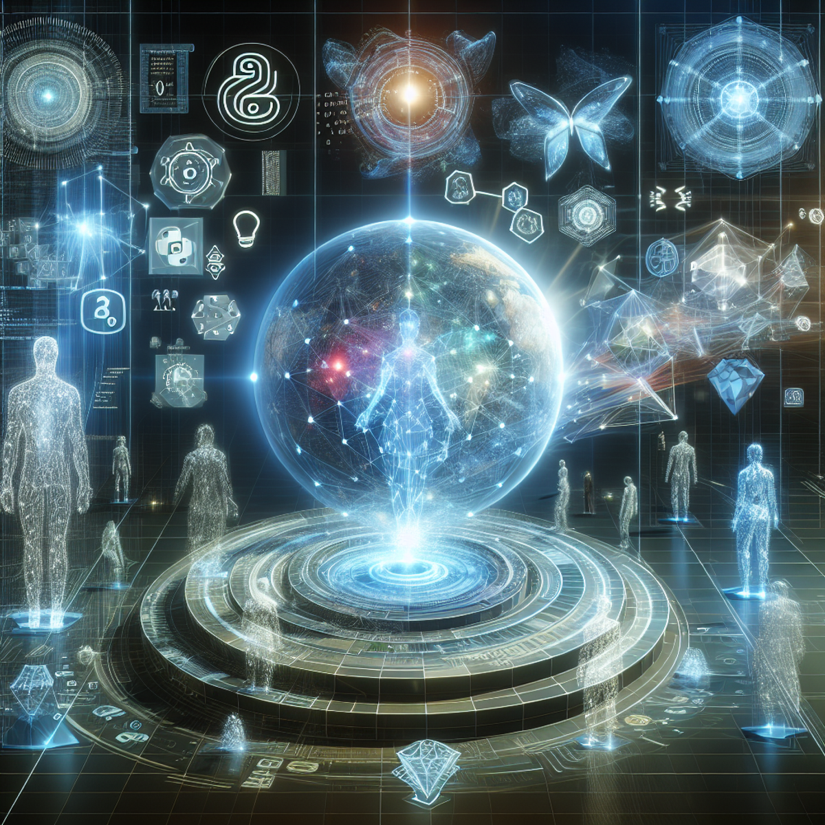 A virtual model with various coding and data analysis symbols, including a glowing sphere representing the 'world of data' surrounded by holographic projections of different algorithms, and human figures wearing futuristic glasses or headsets.