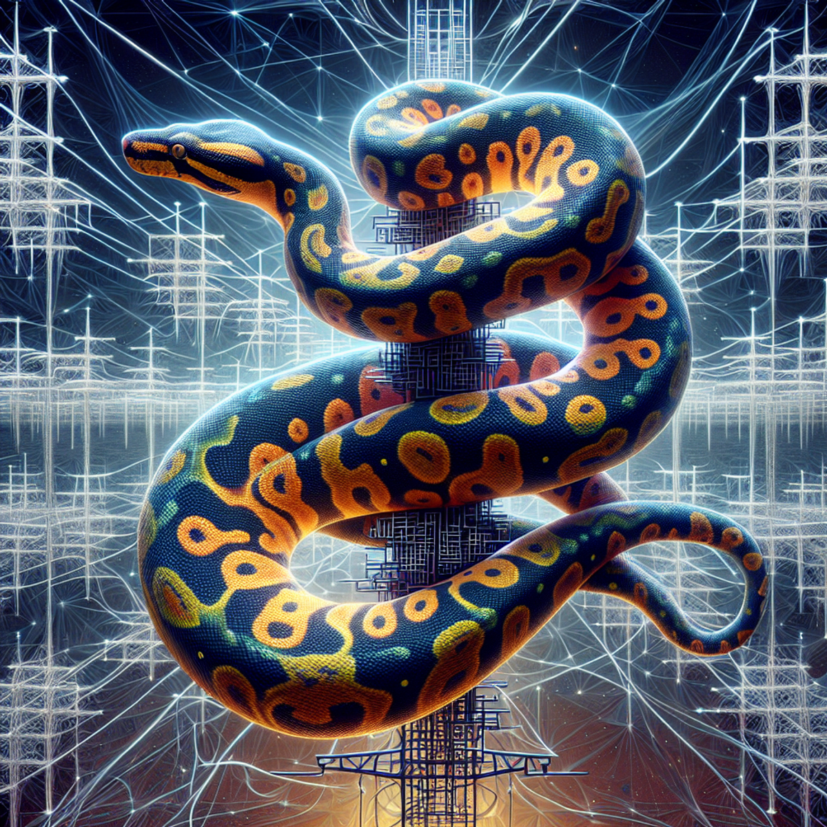 A python snake winding around a complex power grid, representing the harmonious relationship between Python algorithms and energy optimization.