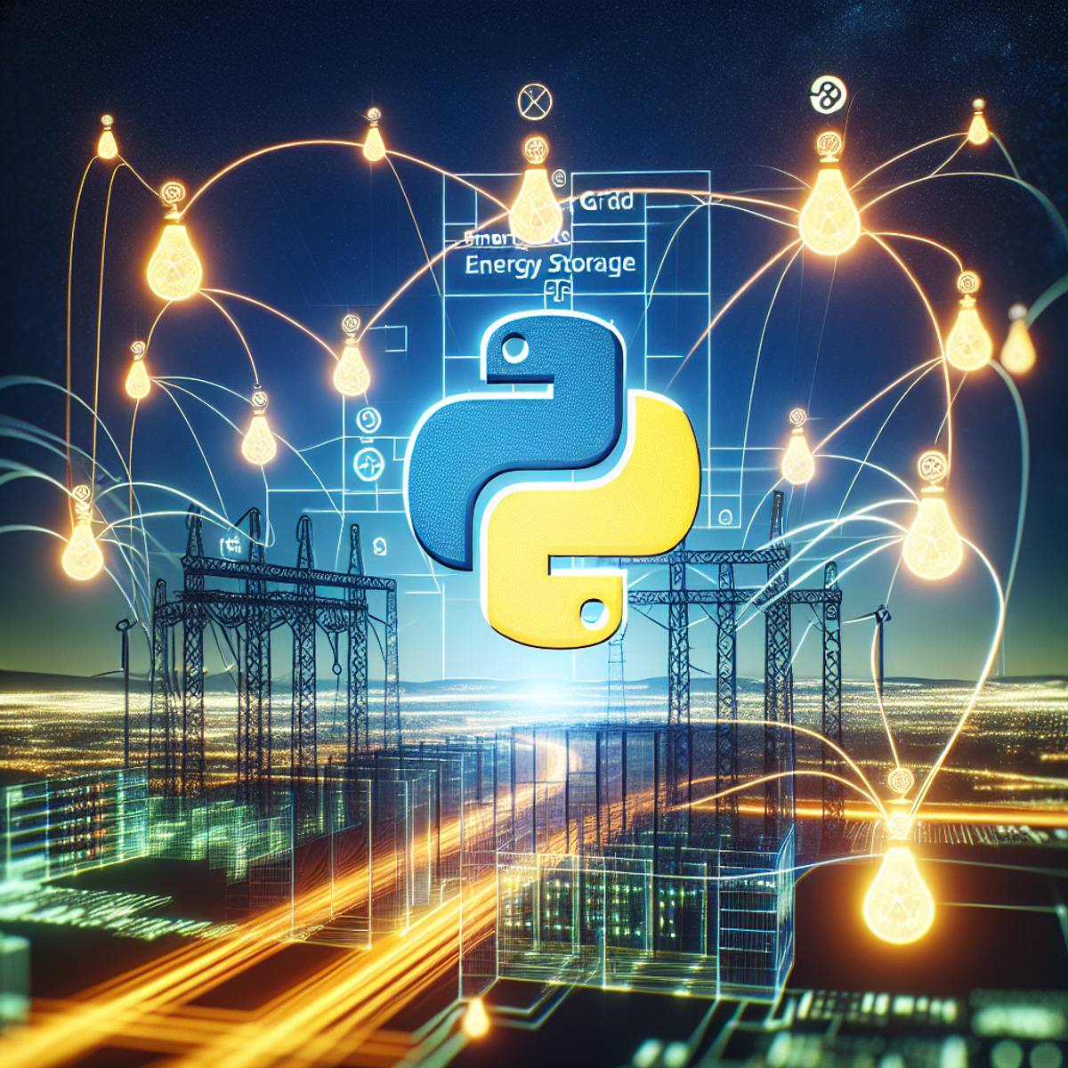 A digital illustration of a smart grid with interconnected nodes and lines representing energy flow, integrated with Python symbols.