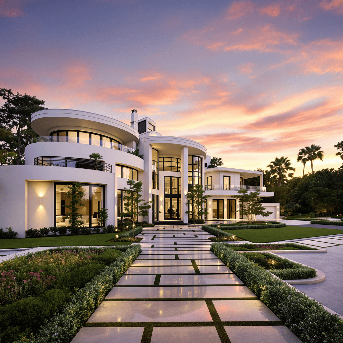 Luxurious modern mansion in Beverly Hills at sunset with elegant architecture and manicured garden, symbolizing wealth and high-value real estate investment.