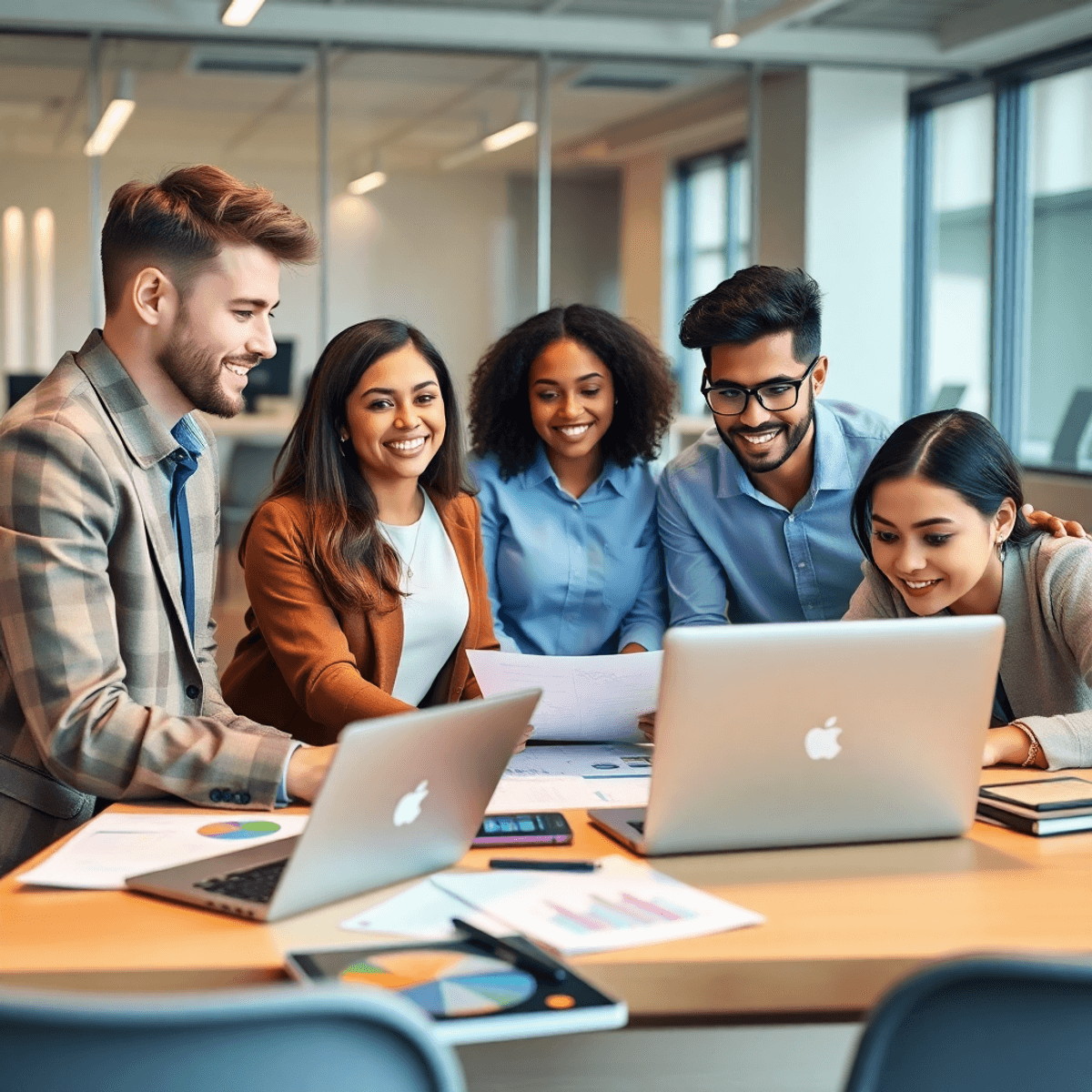 A diverse group of young professionals collaborates around a table in a modern office, surrounded by laptops, charts, and digital marketing materials, symbolizing teamwork and innovation.