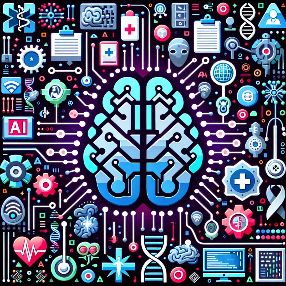 AI-powered medical coding automation: A blend of circuit boards, artificial brains, staff of Asclepius, stethoscope, and DNA helix symbolizing the fusion of AI and medical elements in the automation process.