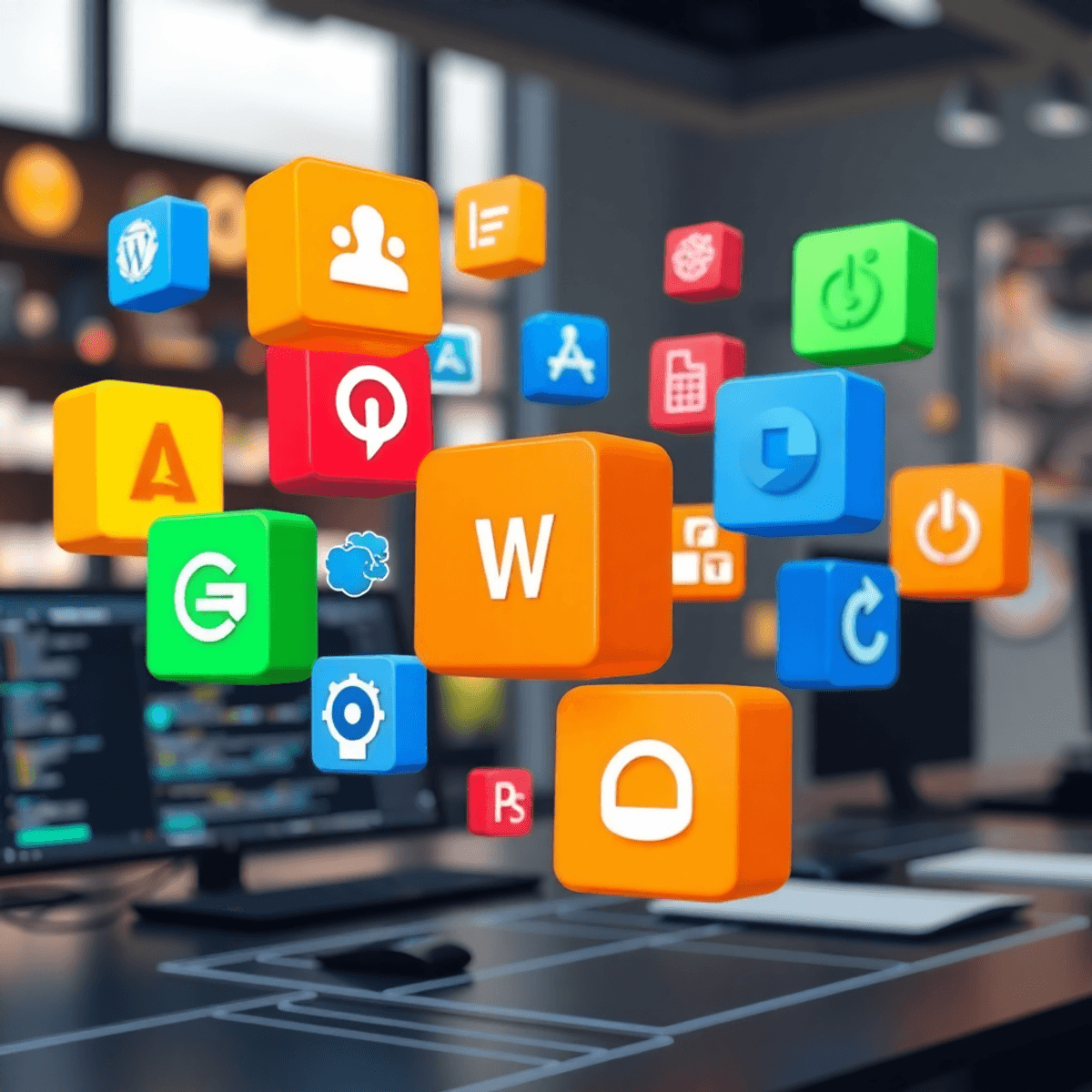 A modern digital workspace with floating icons of software tools, symbolizing a comprehensive technology stack for app development and operation.