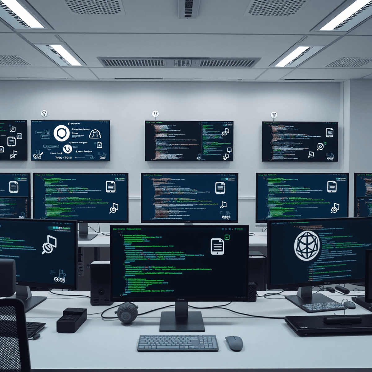 A modern workspace with multiple computer screens showing code and tech icons in a clean, professional setting.