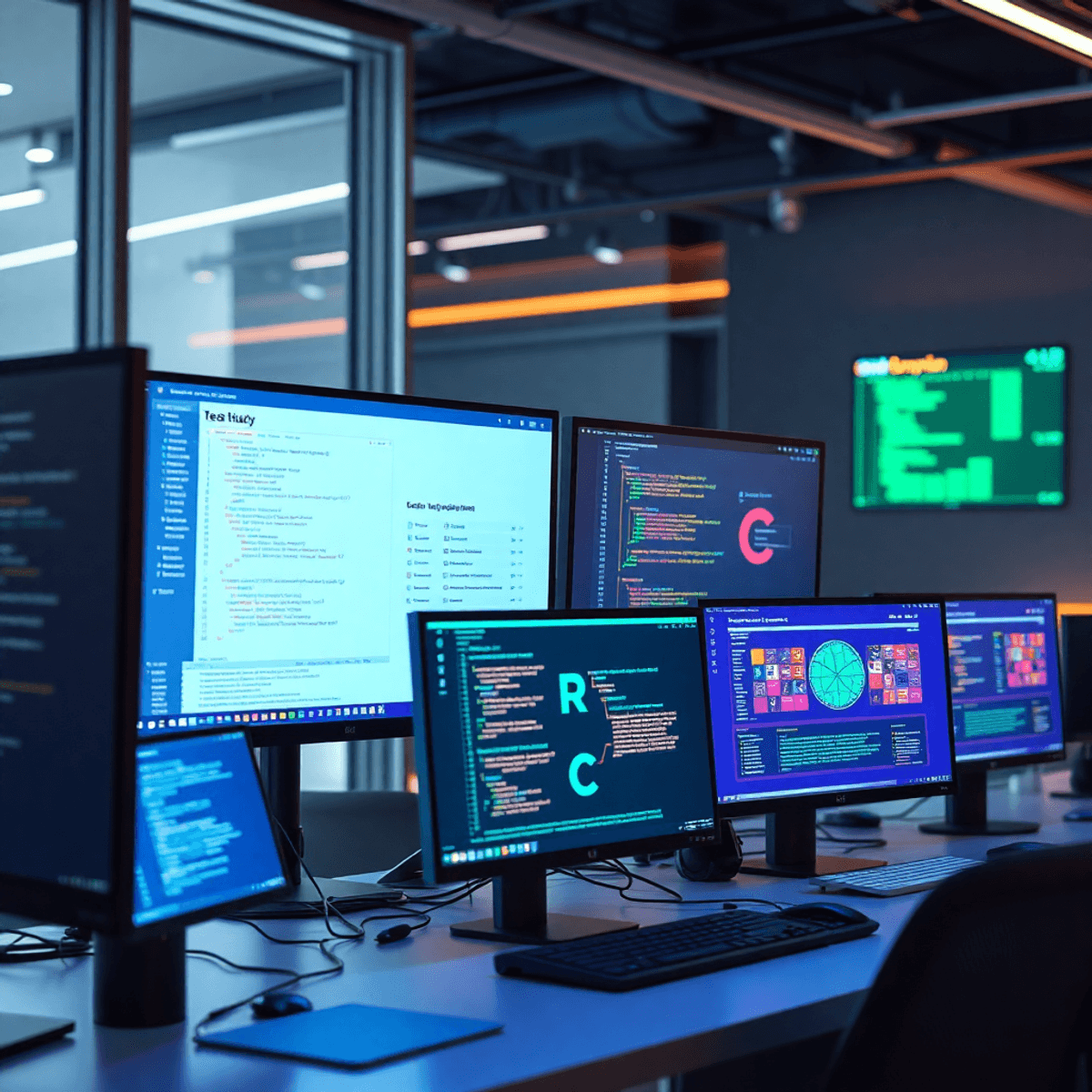 Modern workspace with multiple computer screens showing code and tech diagrams, sleek design, vibrant colors, and futuristic digital interface elements.