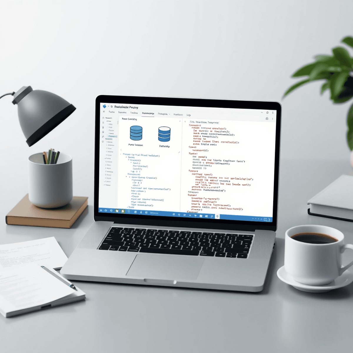 Modern workspace with laptop showing database icons and code, surrounded by notes and coffee, representing choosing the right database for software development.
