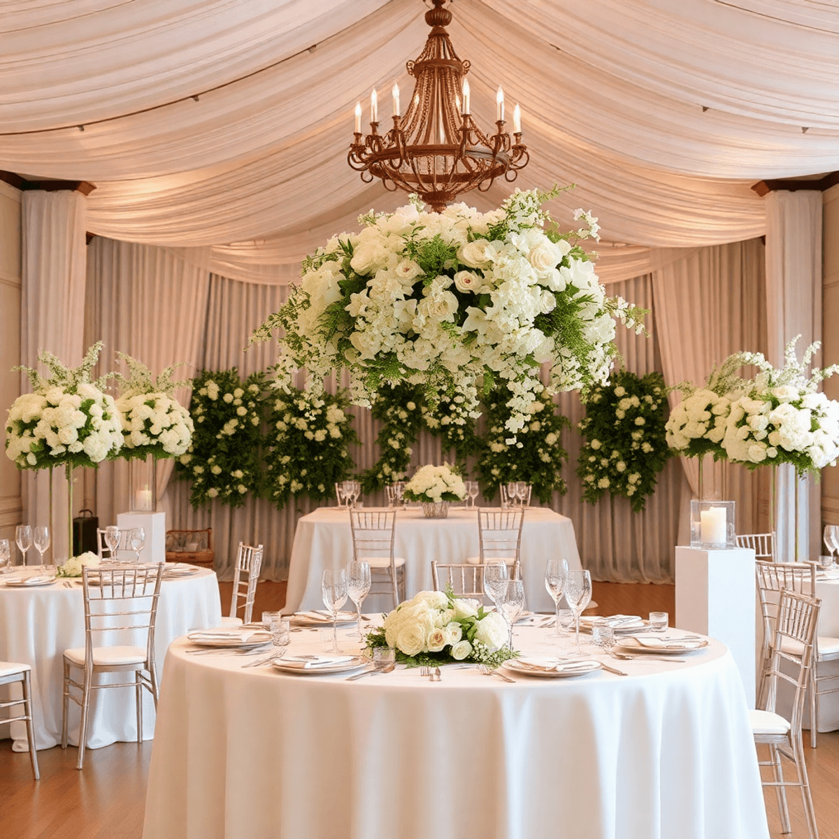 Ein romantischer Hochzeitsort, geschmückt mit eleganten Blumenarrangements, sanfter Beleuchtung und einem stilvollen Tischaufbau, der eine moderne Feieratmosphäre einfängt.