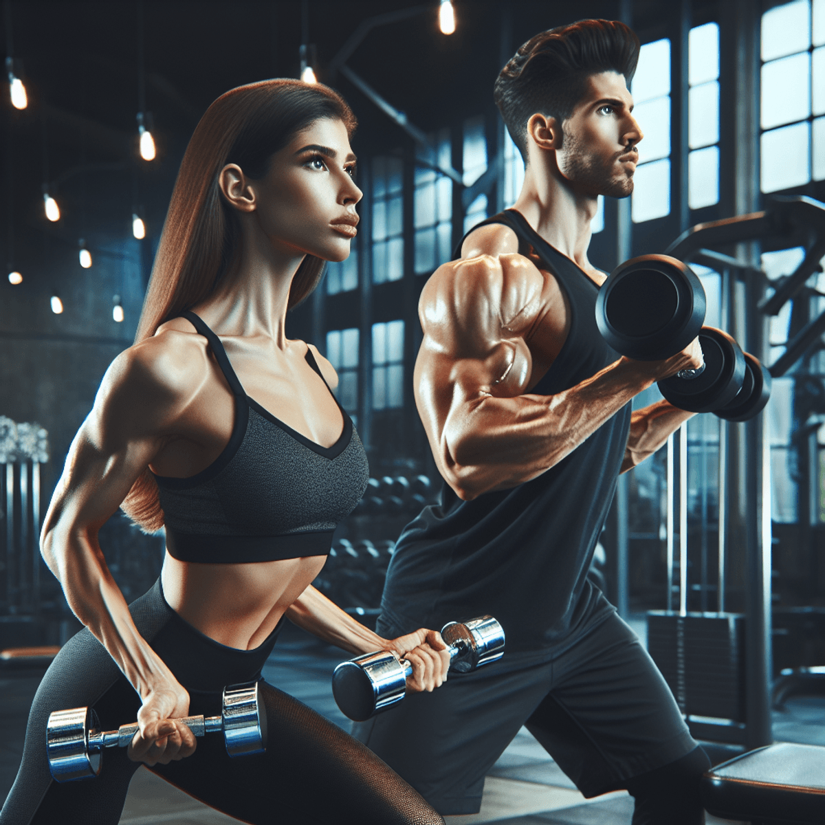 A Caucasian woman and a Hispanic man are engaged in intense chest exercises with dumbbells in a modern gym. The woman's focused expression and the man's determined stance highlight their strength and tenacity. Their muscles are visibly engaged, showcasing their physical fitness as they perform dynamic movements. The background features gym equipment and a vibrant atmosphere, enhancing the energy of their workout.