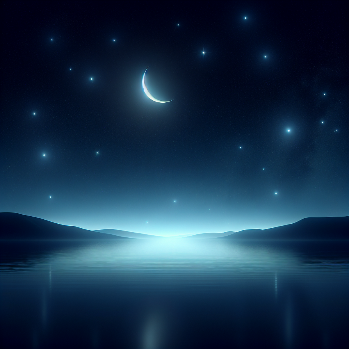 A serene night sky with a delicate crescent moon glowing softly among a scatter of twinkling stars. The scene captures a peaceful and tranquil atmosphere, highlighting the gentle curves of the moon against the deep blue backdrop of the evening sky.