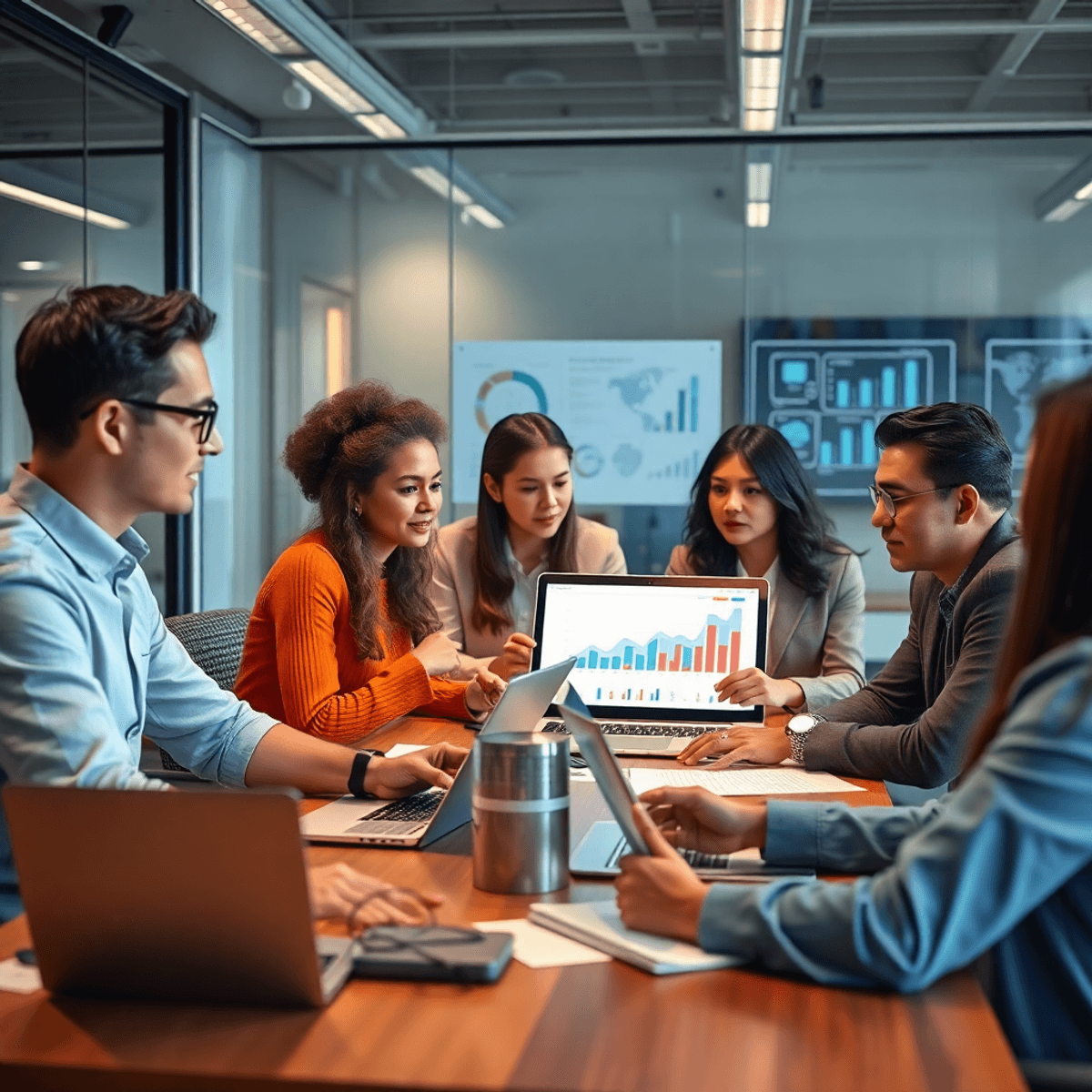 A modern office scene with a group of professionals collaborating around a table, using laptops and digital devices, surrounded by charts and data visuals that emphasize teamwork and productivity.