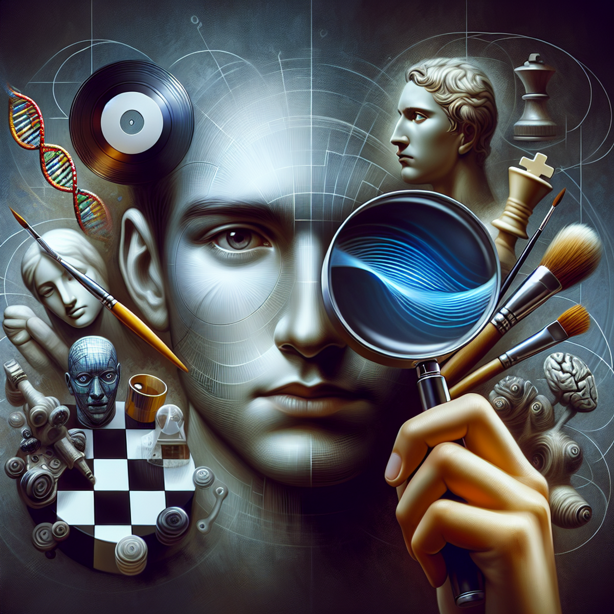 A person with neutral expression holds a magnifying glass, examining a chess piece, vinyl record, paintbrush, and model DNA helix on a table.