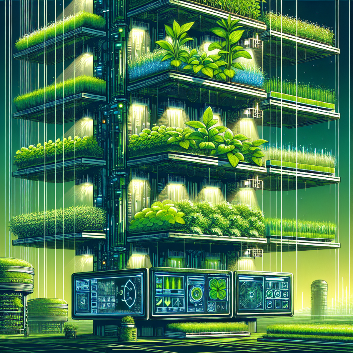 A futuristic vertical farm with lush green plants growing in multiple tiers, emphasizing the efficiency and adaptability of such agricultural systems.