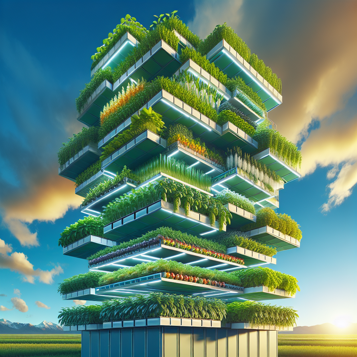 Aerial view of a vertical farm with multiple levels of crops reaching towards the sky.