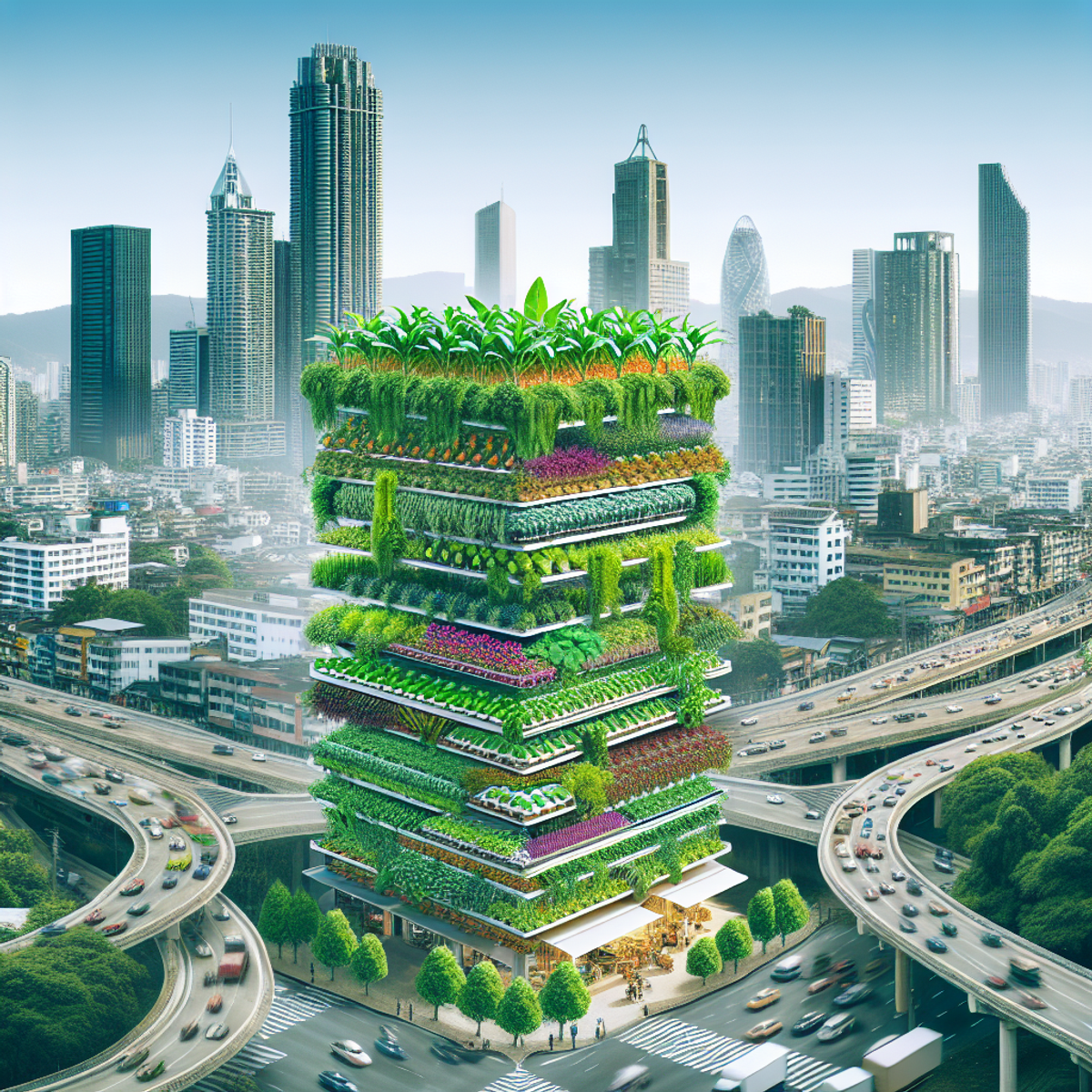 A thriving vertical farm in the heart of a bustling city.