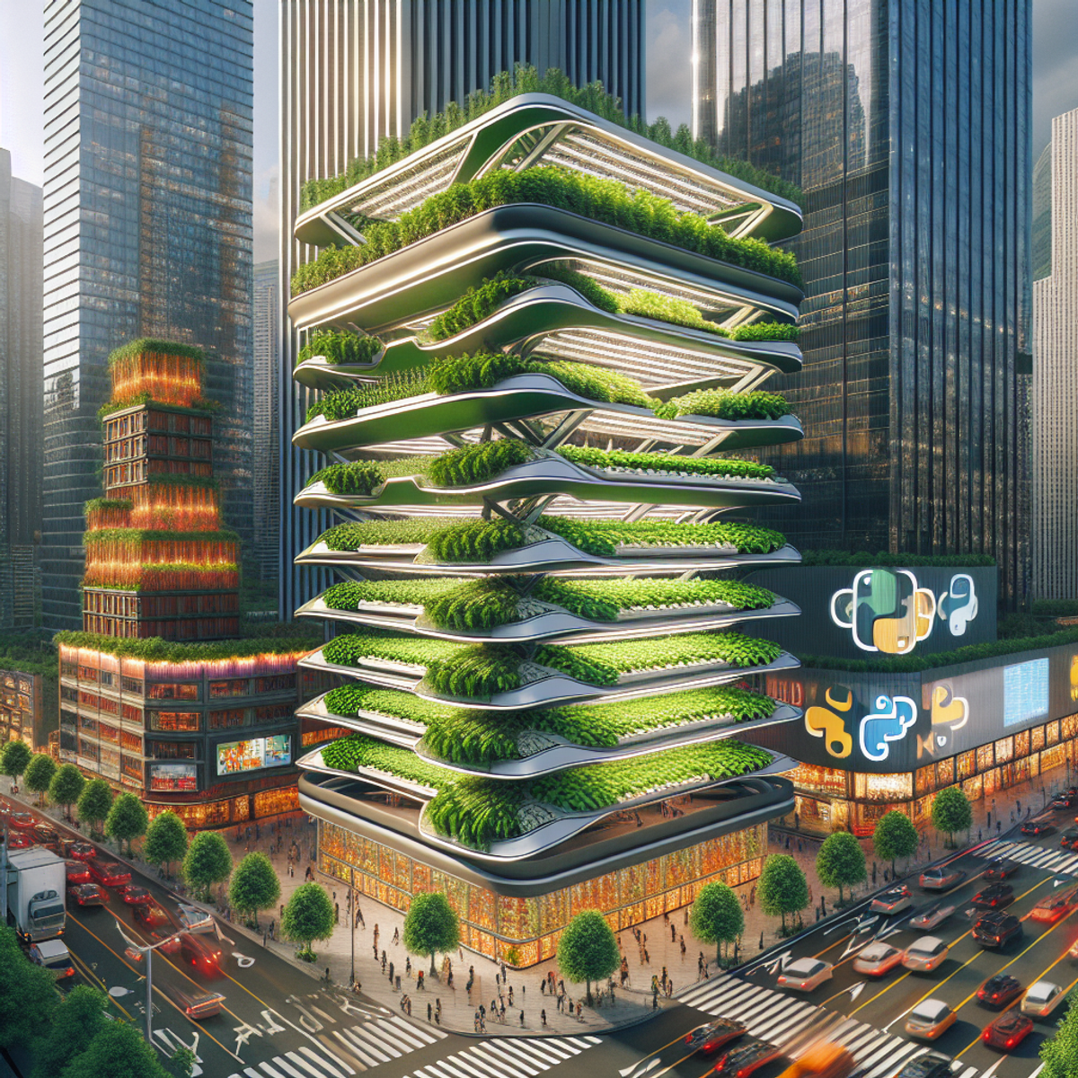 Alt text: A vertical farm in a city landscape with layers of green crops growing in a stacked manner, showcasing advanced farming technology and automation systems.
