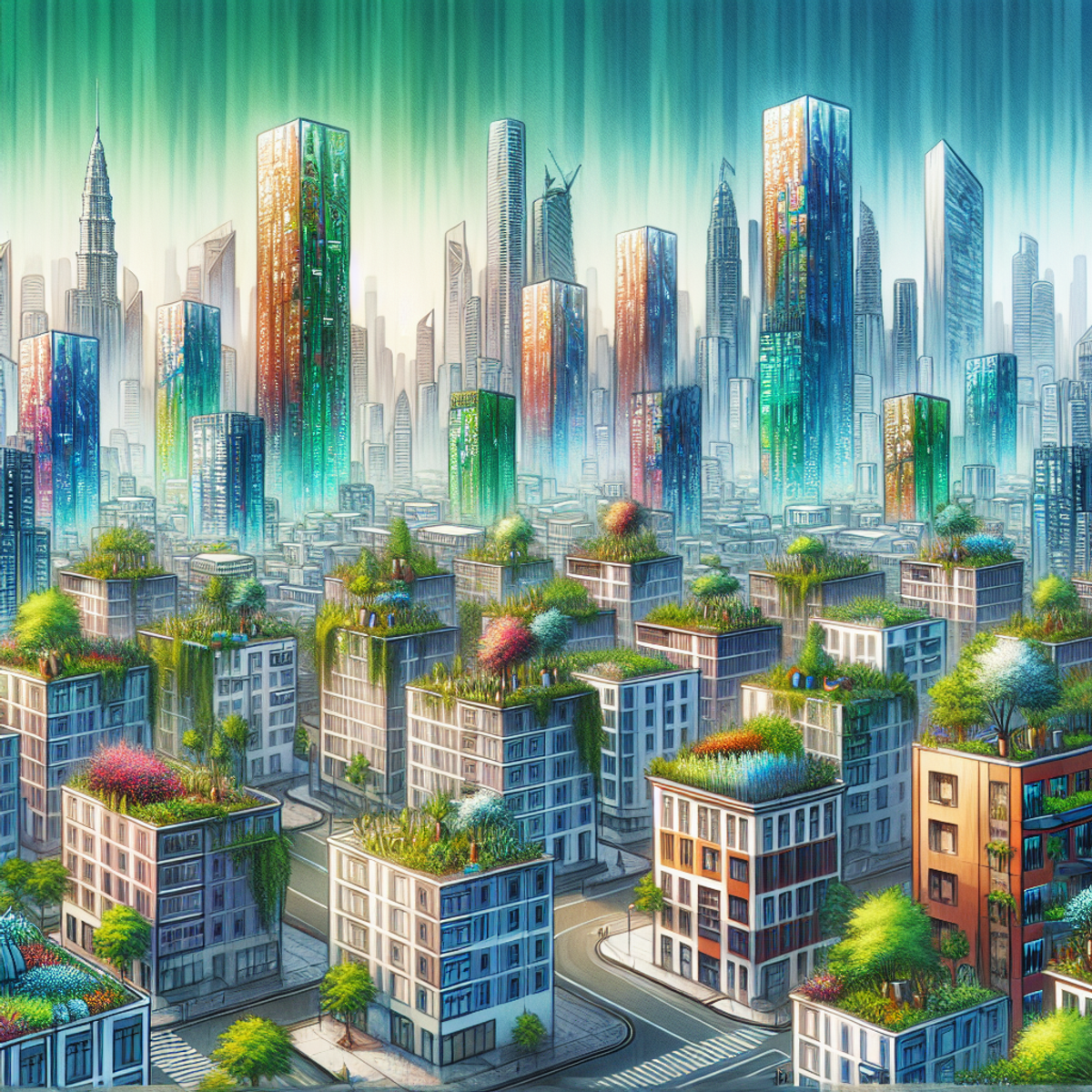 Aerial view of a futuristic cityscape with skyscrapers adorned with lush rooftop gardens and modern technology.