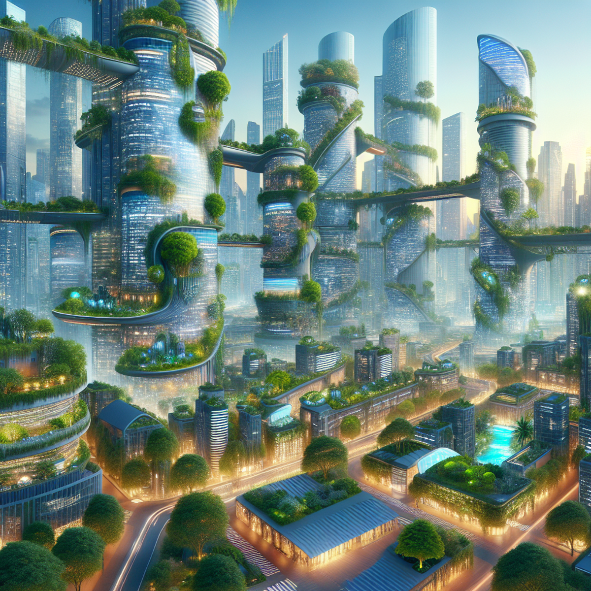 Futuristic cityscape integrated with nature featuring high-tech skyscrapers and lush greenery.