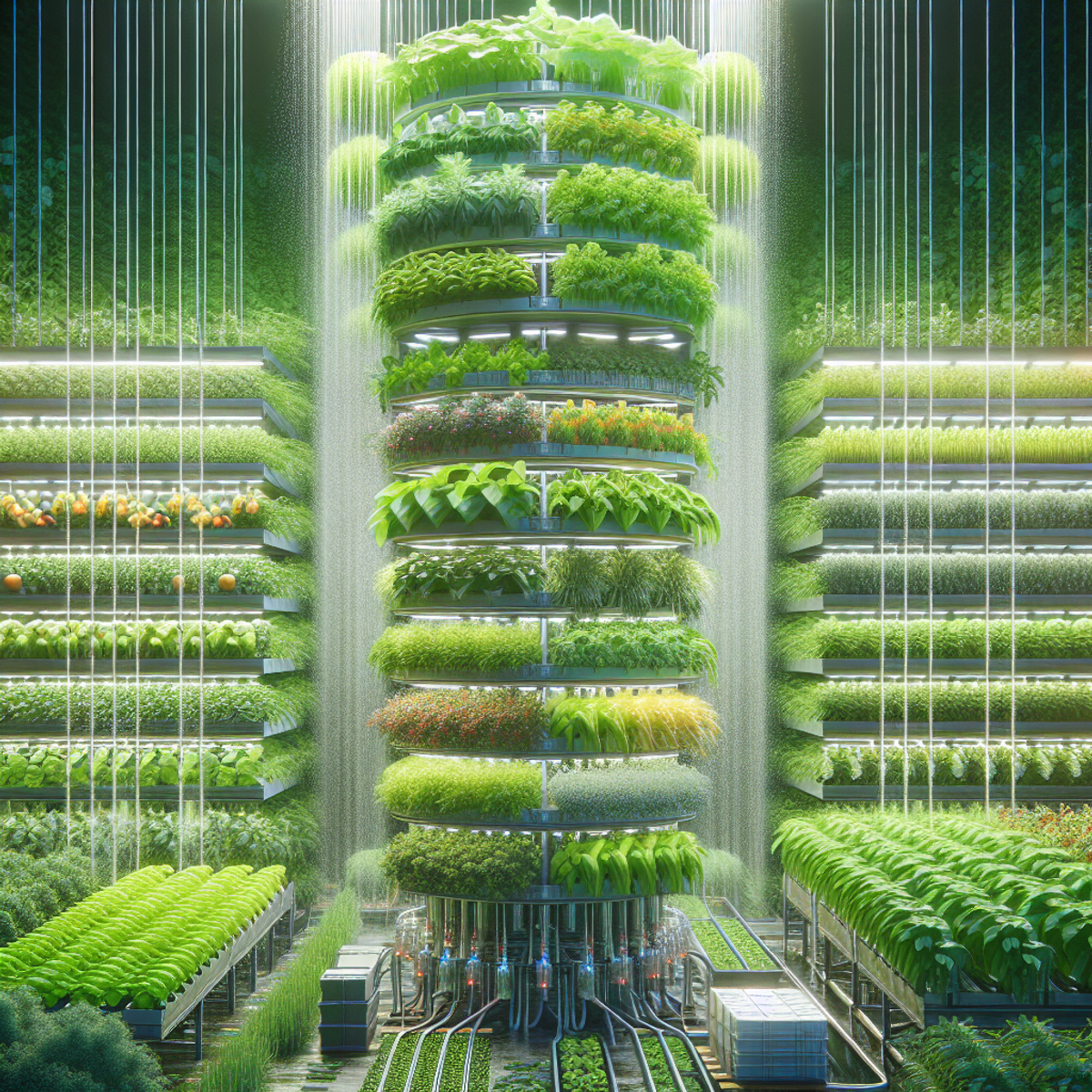 Aerial view of a vertical farm with lush, vibrant crops and automated irrigation system.