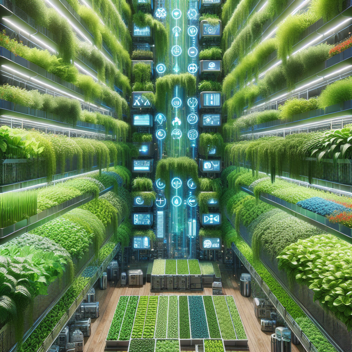 Futuristic vertical farm with advanced technology and lush green plants reaching towards the sky.