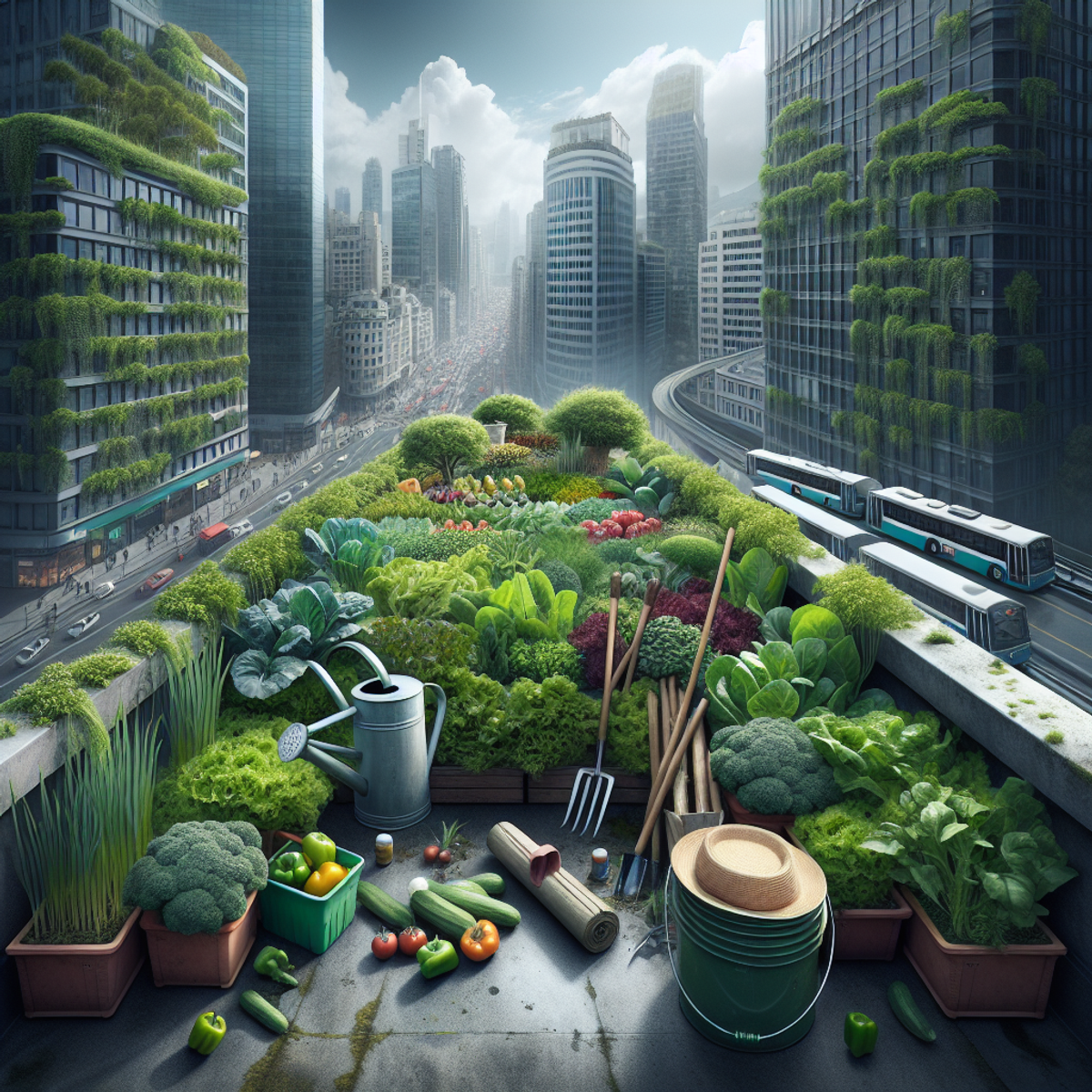 Rooftop garden with green vegetables, tools, and cityscape in the background.