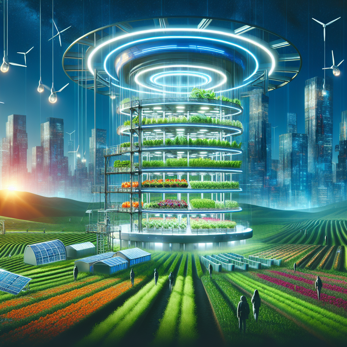 A futuristic vertical farm with automated irrigation systems, LED grow lights, and climate control.