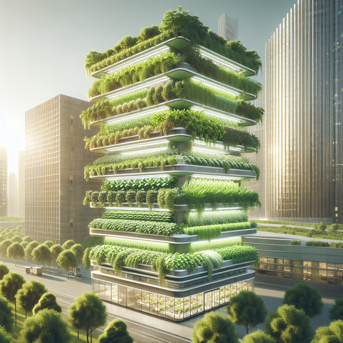 A multi-storied vertical farm with lush green crops bathed in sunlight.