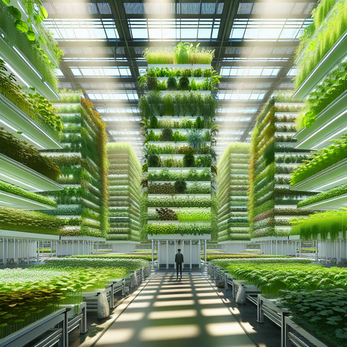 A vertical farm with lush green plants reaching towards artificial sunlight.