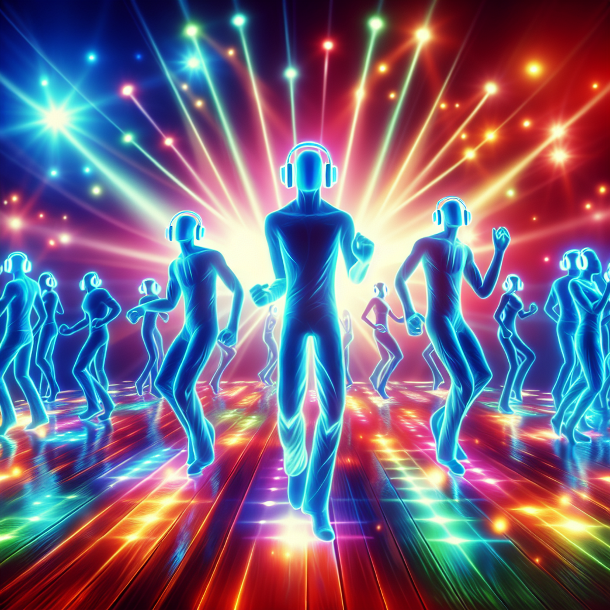 Alt text: A colorful and vibrant image of people dancing at a silent disco, wearing headphones and surrounded by glowing neon lights.
