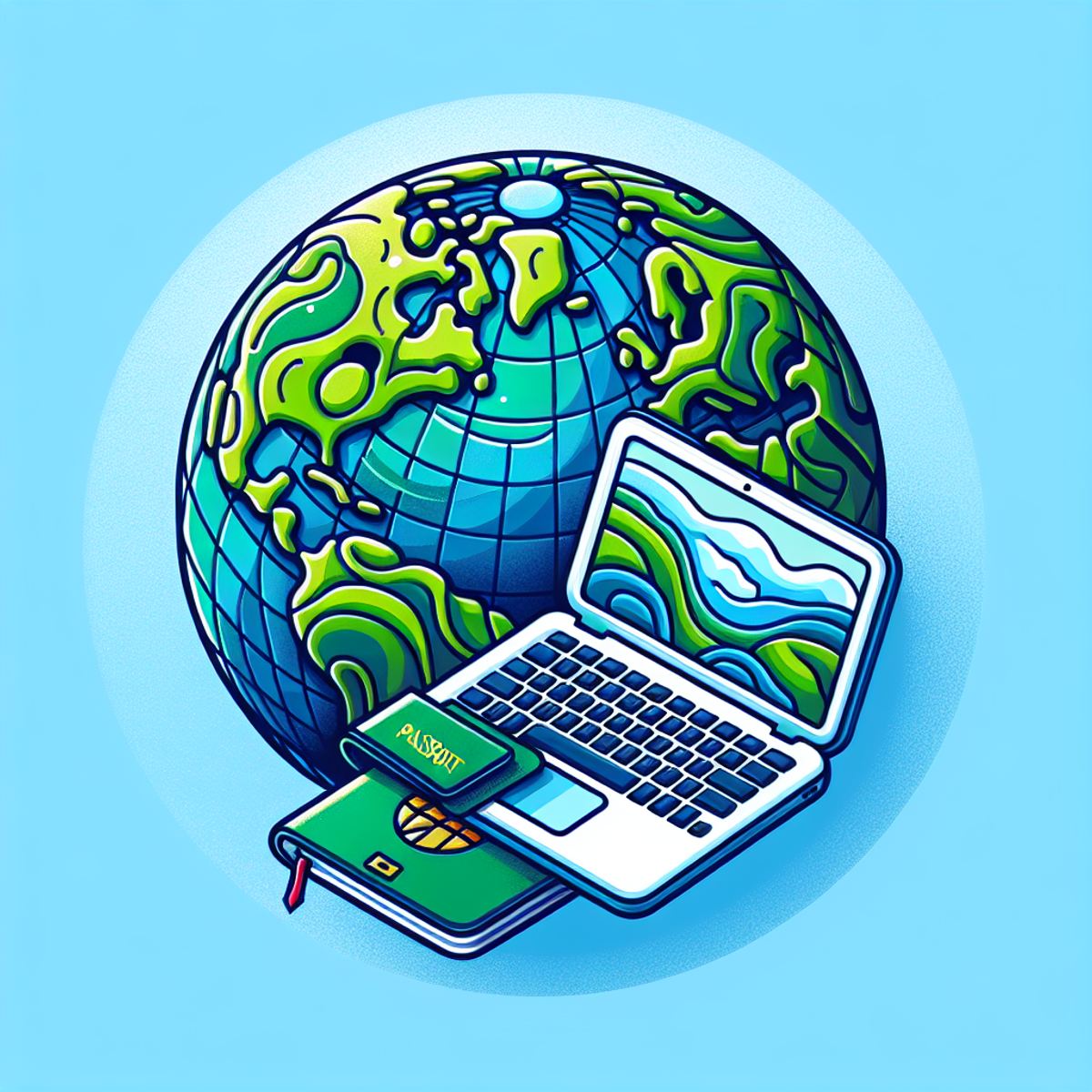 A globe with a passport and a laptop on it, expressing perpetual travel and digital nomad lifestyle. The globe is filled with lush greens and deep blues, the passport is open with blank pages, and the laptop displays a picturesque, non text-based screen saver.