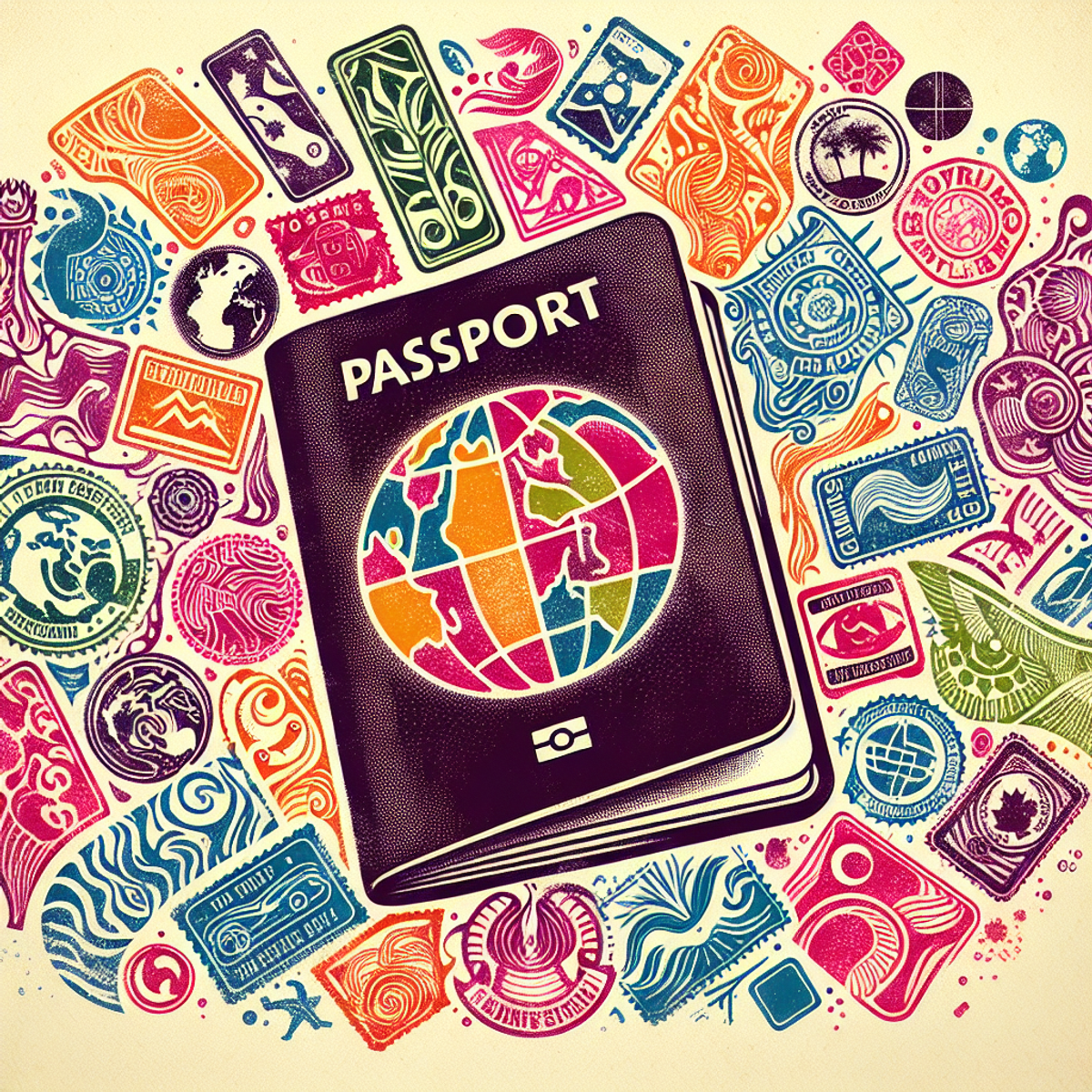 An open passport with colorful stamps from global destinations.
