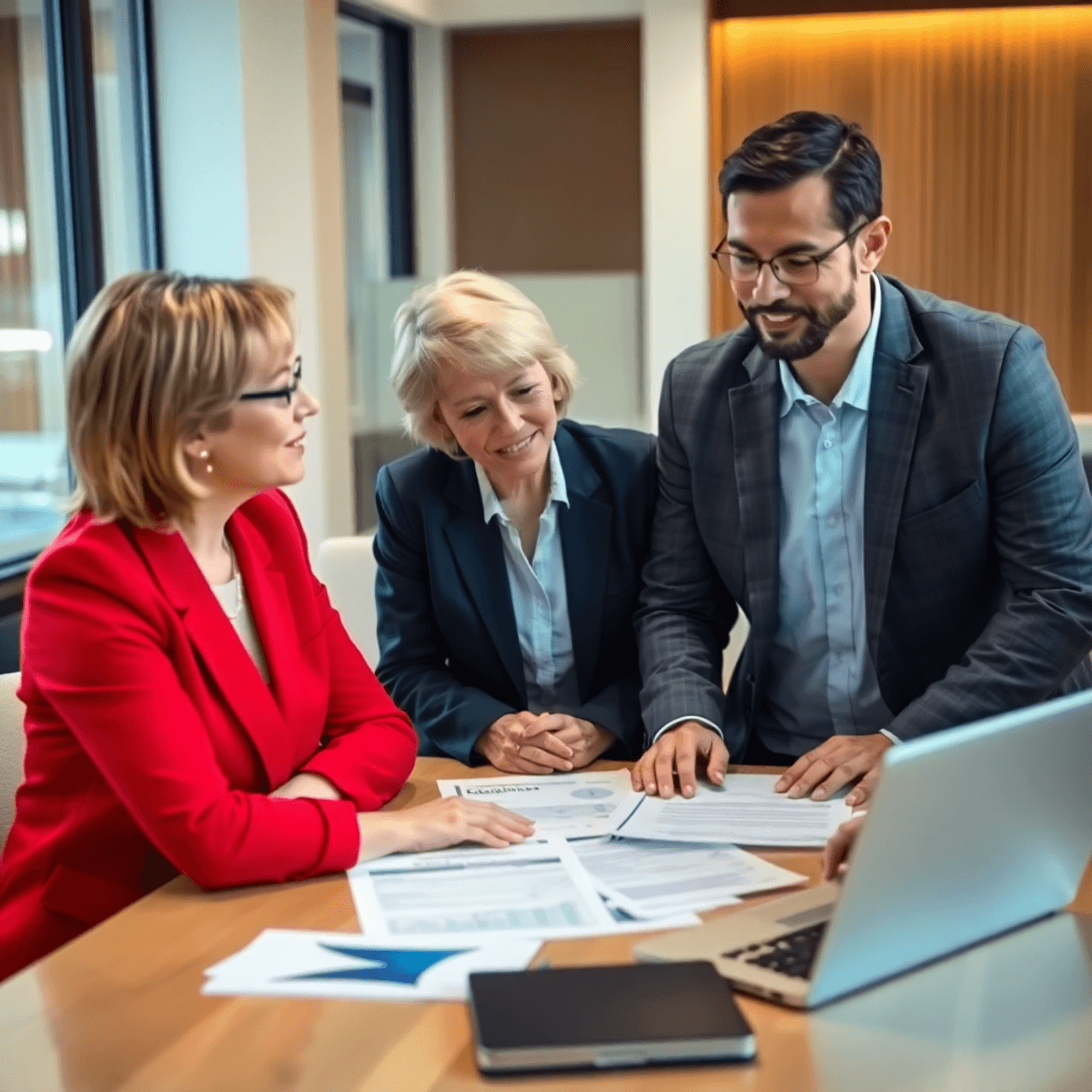 A group of professionals engaged in discussion around a table with financial documents and a laptop, symbolizing collaboration in retirement planning and financial services.