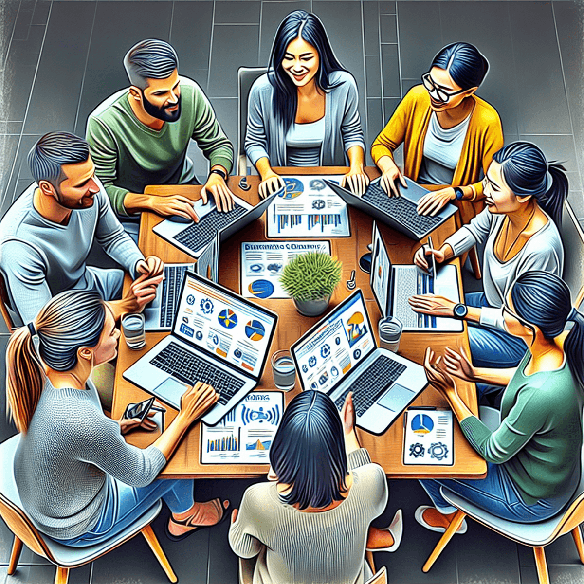 A diverse group of three bloggers, including a Caucasian woman with long brown hair, a Hispanic man with short black hair, and an Asian woman with shoulder-length dark hair, are animatedly discussing around a wooden table. Each blogger has an open laptop displaying colorful charts and graphs that symbolize backlinks and website authority. The setting is bright and inviting, adorned with potted plants and casual decor, reflecting a sense of community and collaboration in the blogging world.