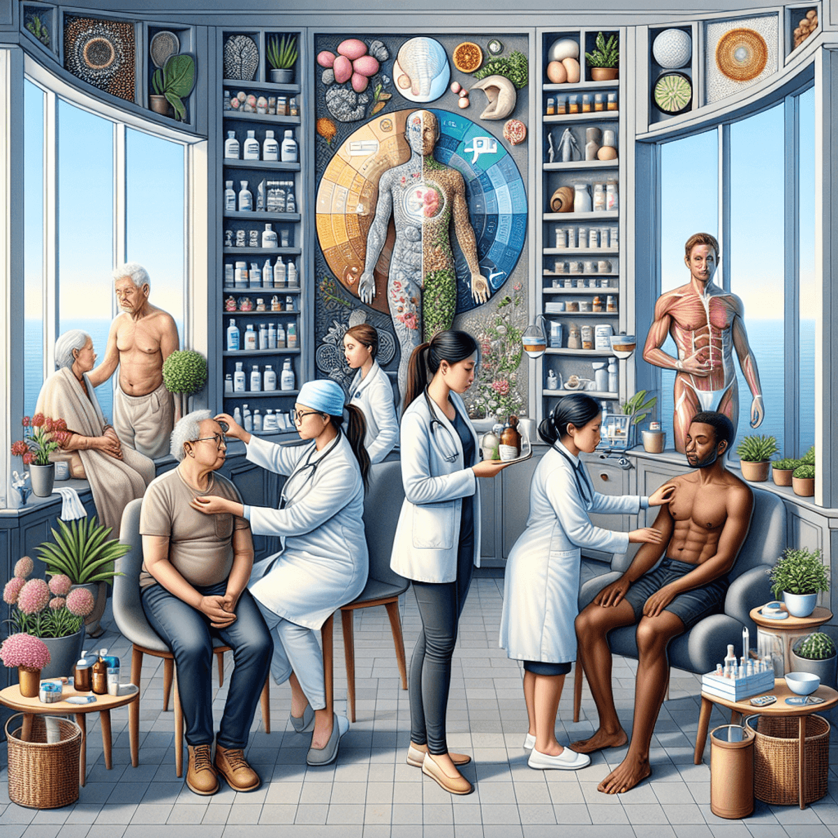 Sinus and Migraine Treatment Possible In Just One Day 2 A modern health clinic scene featuring a diverse group of patients, including a Middle-Eastern female, Caucasian male, Black female, and Hispanic male, receiving personalized care from a compassionate Asian female healthcare professional. The environment is filled with potted plants and elements symbolizing holistic treatment and wellness, emphasizing the warmth of interaction through body language and setting rather than explicit texts.