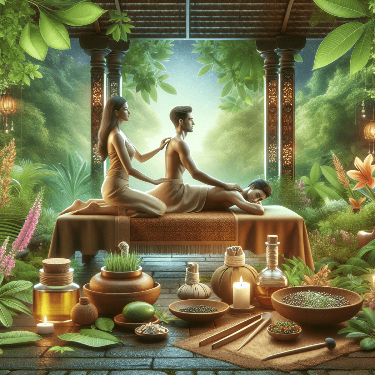 Sinus and Migraine Treatment Possible In Just One Day 5 A serene Ayurvedic treatment space surrounded by lush greenery, featuring a Caucasian woman and an Asian man receiving herbal treatments. The scene is adorned with traditional elements such as oil containers and an array of herbs, emphasizing a natural healing ambiance. The overall atmosphere conveys tranquility and rejuvenation, with soft lighting enhancing the peaceful setting.