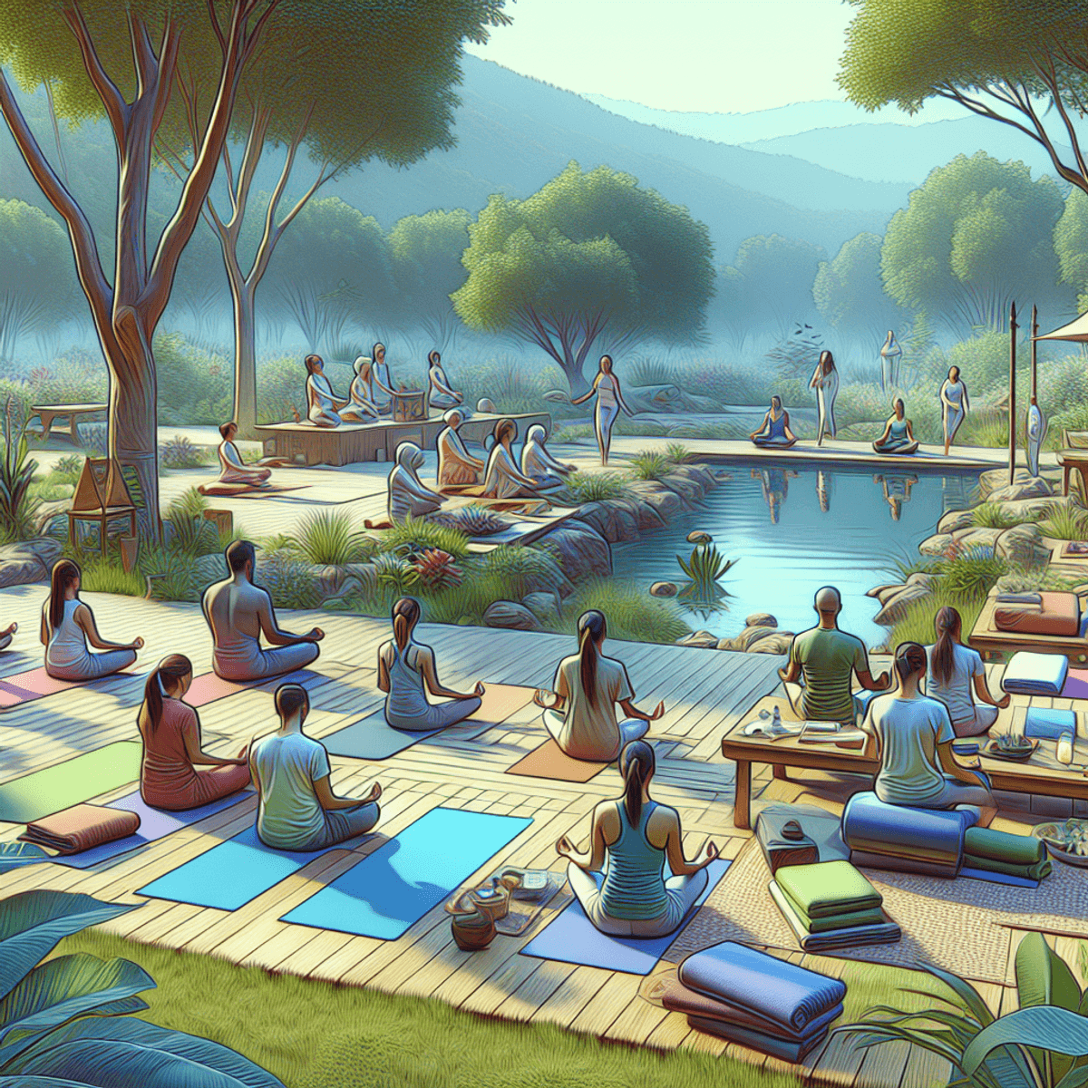 Sinus and Migraine Treatment Possible In Just One Day 4 A serene wellness center surrounded by lush greenery, featuring a diverse group of individuals practicing yoga and meditation. Participants of Caucasian and Hispanic descent are engaged in various holistic therapies, with some performing gentle yoga poses on mats and others sitting peacefully in meditation. The atmosphere conveys tranquility and healing, with natural elements like trees and flowers enhancing the peaceful setting. Soft sunlight filters through the leaves, creating a warm and inviting ambiance that emphasizes relaxation and wellness.