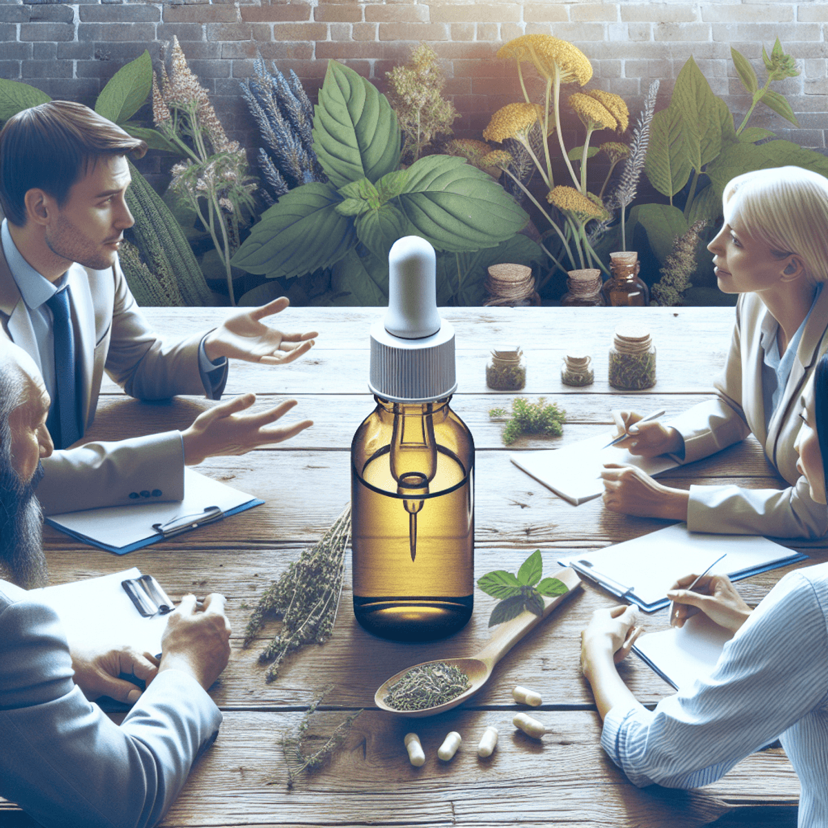 Sinus and Migraine Treatment Possible In Just One Day 3 A diverse group of three individuals—Caucasian, Hispanic, and Asian—standing around a rustic wooden table, engaged in a lively discussion about herbal remedies. In the center of the table is a prominent bottle resembling herbal nasal drops, surrounded by an assortment of fresh herbs, such as basil, mint, and rosemary, creating a vibrant and natural atmosphere. The background features soft natural lighting that enhances the warm tones of the wood and greenery.