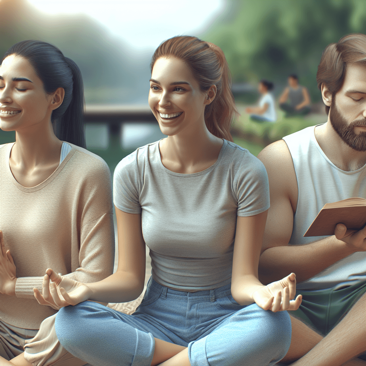 Sinus and Migraine Treatment Possible In Just One Day 6 Three joyful individuals of different descents—Caucasian, Asian, and Hispanic—are outdoors in a serene garden setting. One person is meditating peacefully on a yoga mat, another is practicing yoga poses nearby, and the third is sitting on a bench reading a book with a smile. They all exhibit cheerful expressions, embodying a sense of renewed health and wellness. The background features lush greenery and colorful flowers, enhancing the atmosphere of healing and positivity.