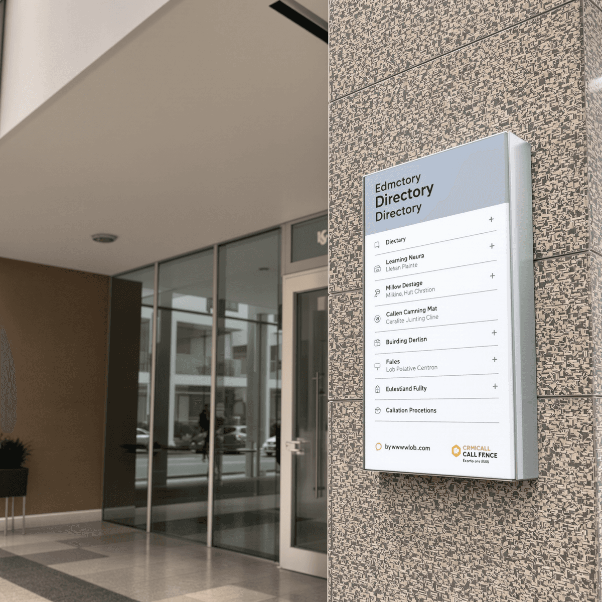Sleek modern directory sign by an office entrance in a clean urban setting with minimalist design and subtle branding colors.