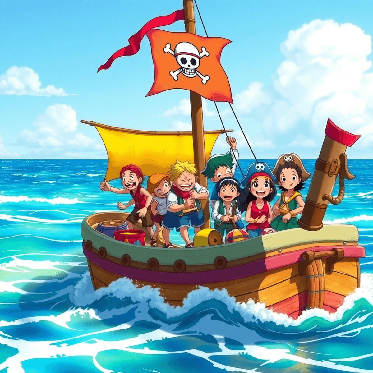 A colorful ship sails on a bright ocean, with cartoon-style pirates joyfully working together, embodying friendship and teamwork under the Straw Hat Pirates flag.