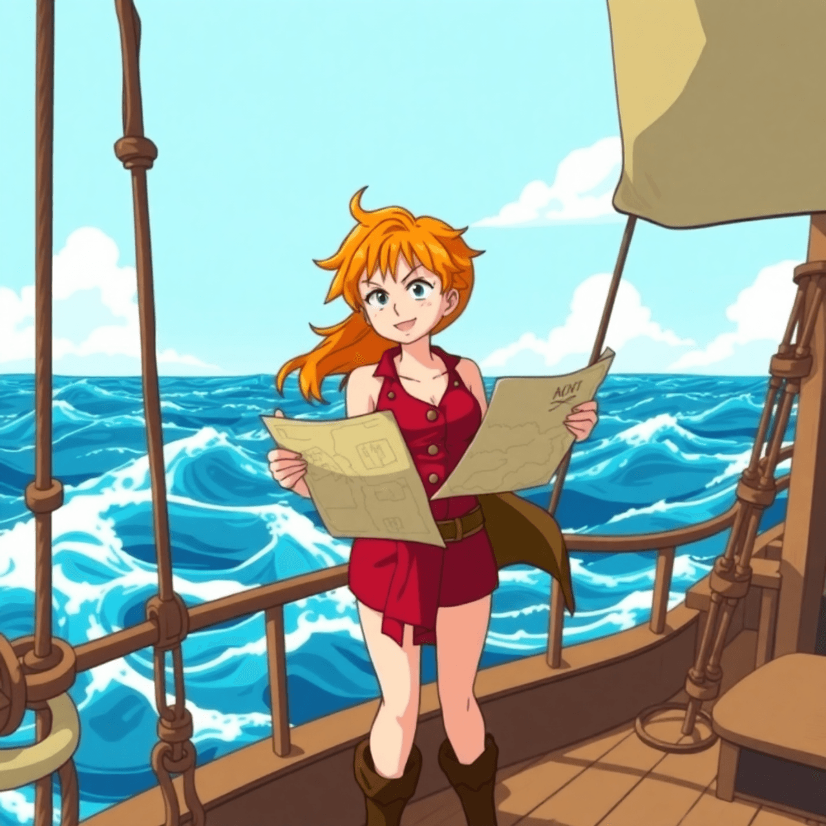 A determined female navigator with orange hair stands on a pirate ship's deck, holding a map and gazing at the ocean, embodying adventure and exploration.