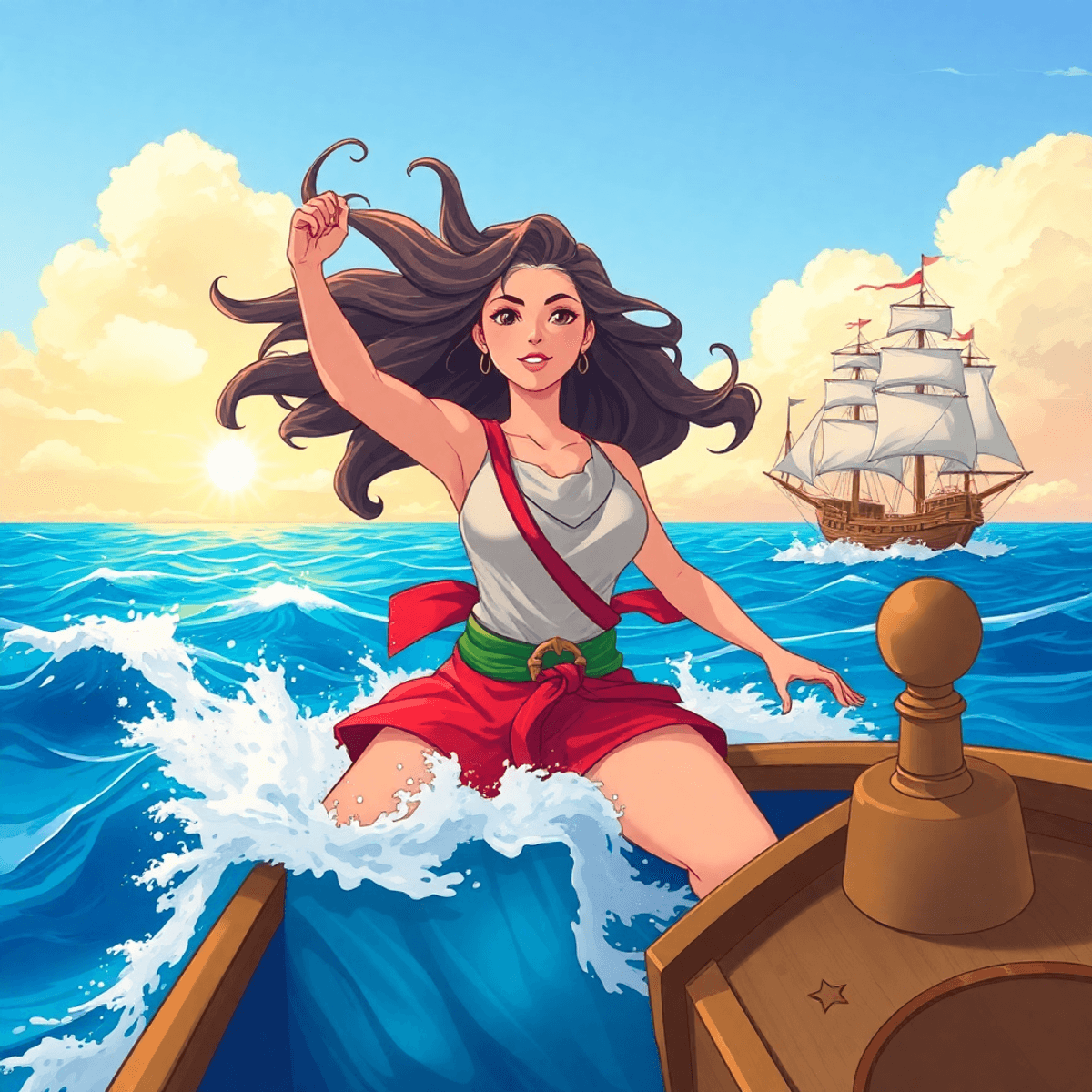 A strong female character sails through a vast ocean with a treasure map in hand, a ship in the background, under a bright sky symbolizing growth and adventure.