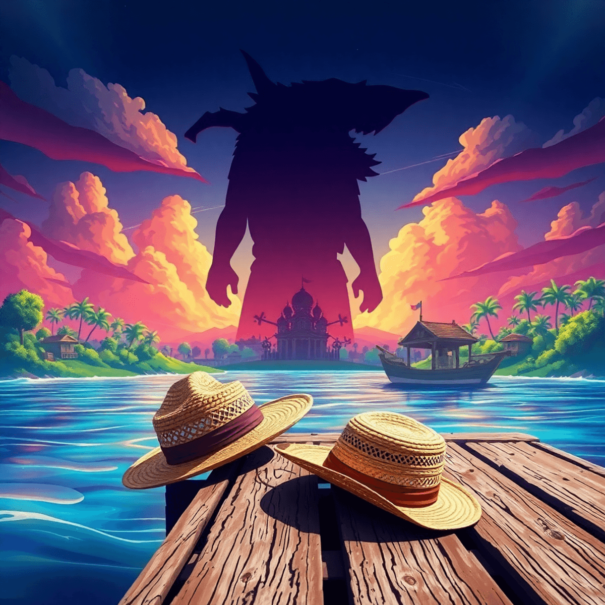 A vibrant landscape of Arlong Park with a menacing fish-man silhouette in the background. A straw hat rests on a weathered dock, symbolizing resilience and hope.